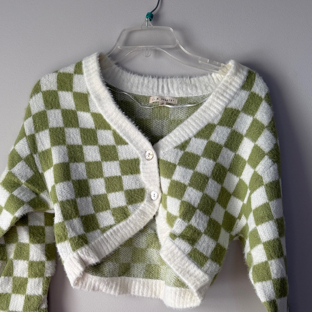 La Hearts Olive and White Checkered Cardigan